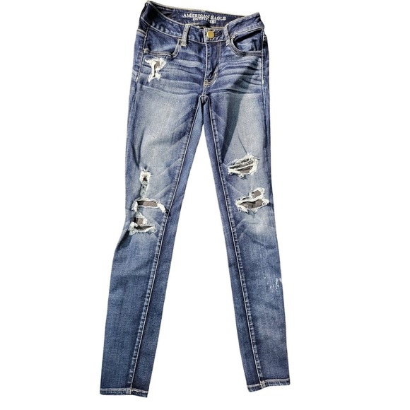 American Eagle Jeggings‎ Ripped Distressed Dark Wash Denim Jeans Size 4 - Picture 1 of 7